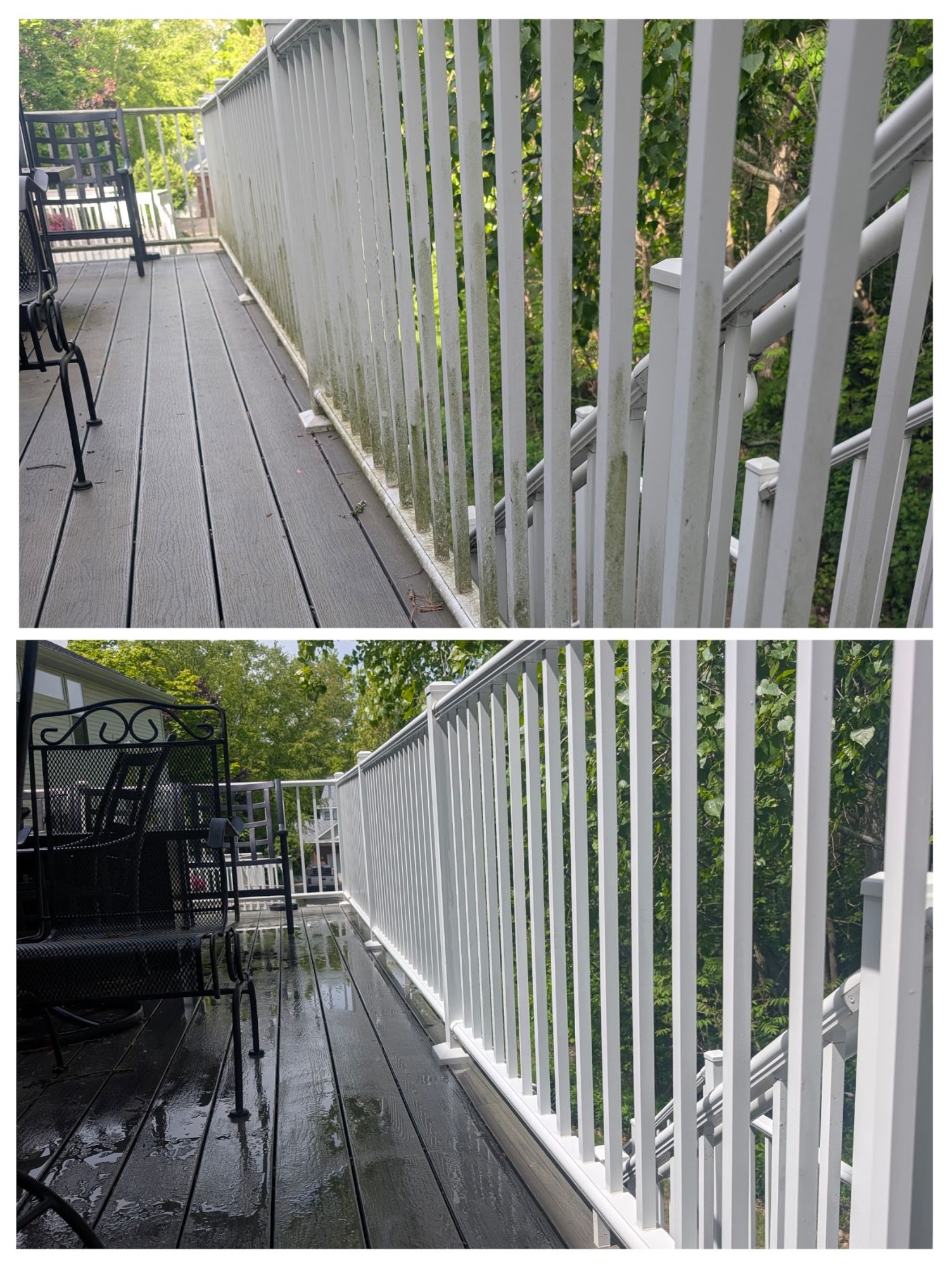 Composite deck and white railing before and after cleaning