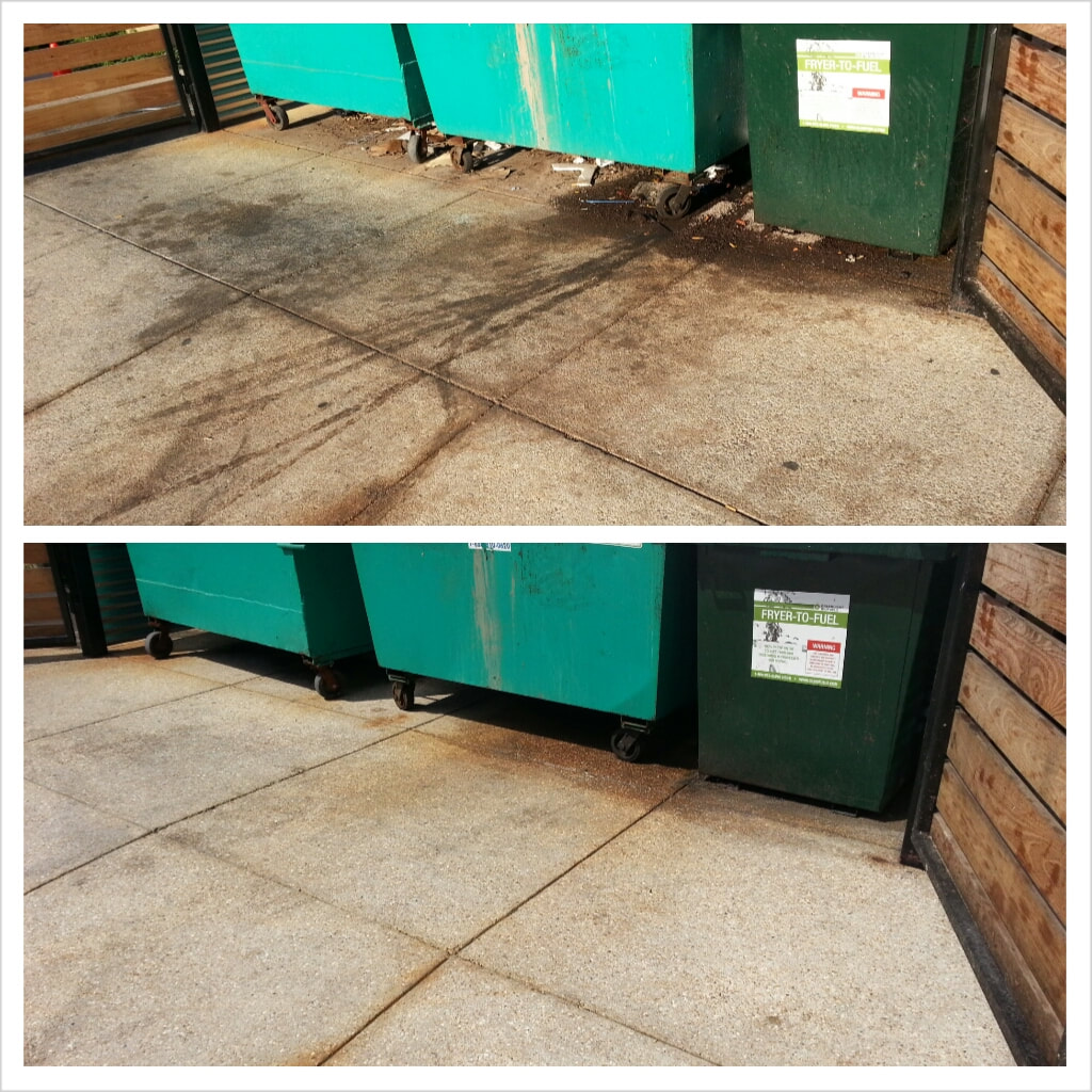 Commercial dumpster pad before and after degreasing