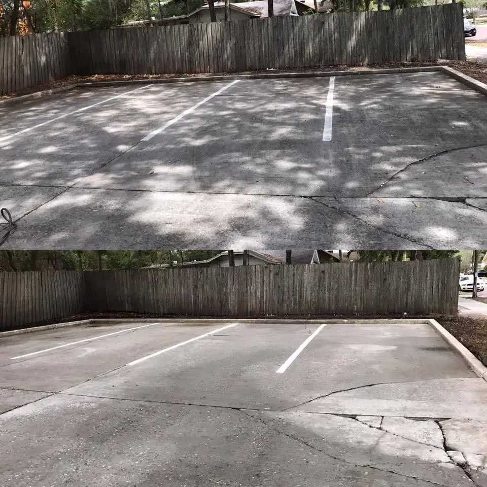 Parking lot before and after pressure washing