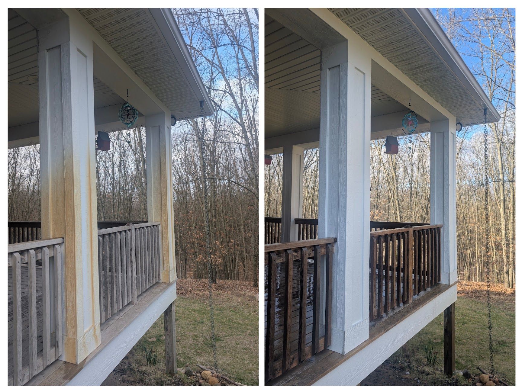 Painted porch columns before and after stain removal