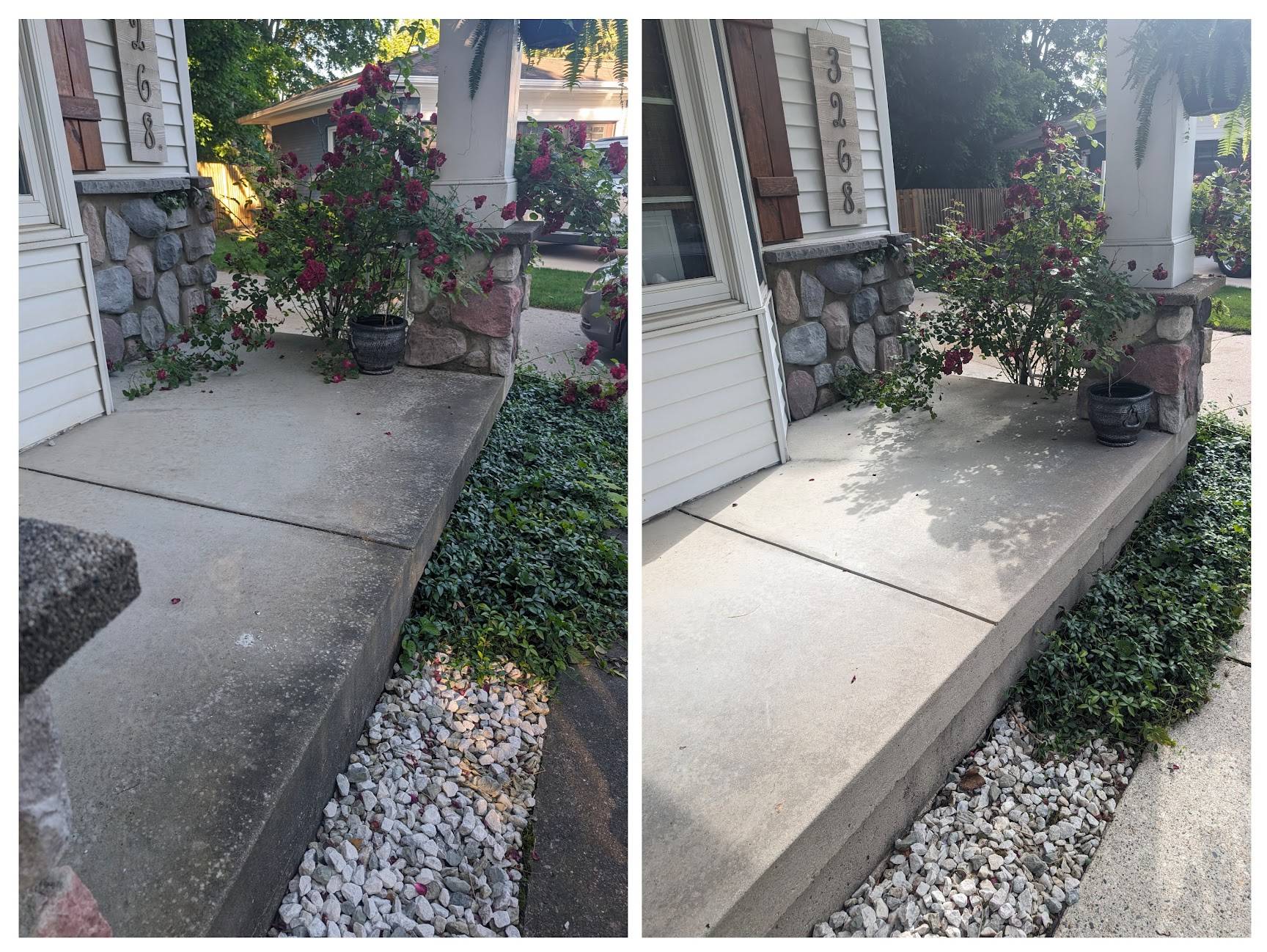 Front porch concrete before and after pressure washing