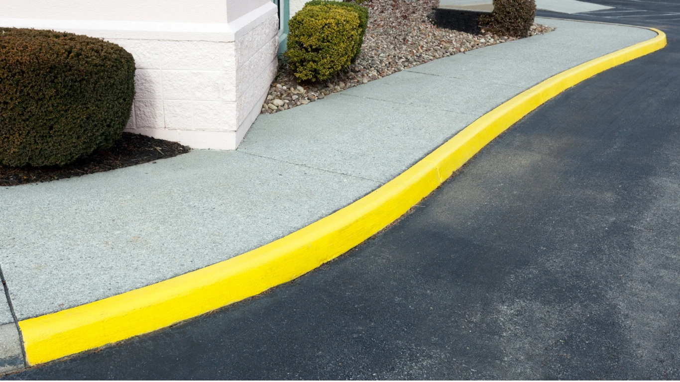 Freshly cleaned commercial walkway and painted curb at a Grand Rapids business entrance